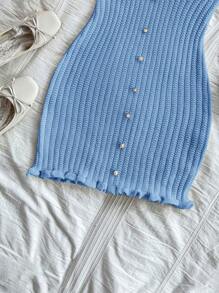 Soleia Sexy & Comfortable Fitted Knit Dress With Button And Ruffle Hem, Camisole Style - Baby Blue - View 4