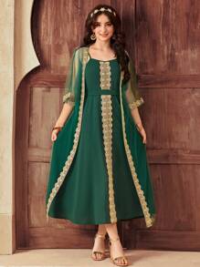 SHEIN 少女奢华优雅绿色/金色闪光透明 3/4 袖罩衫和无袖金色丝带束带连衣裙，迷人服装/连衣裤