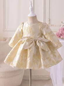 Glamorique Kids Váy công chúa cho trẻ sơ sinh và bé gái có nơ trang trí, vải jacquard hoa màu be dài tay, váy dạ hội thanh lịch cao cấp cho Châu Âu và Hoa Kỳ, trang phục dự tiệc sang trọng, sân khấu và dịp đặc biệt - Rượu sâm banh - Xem 5