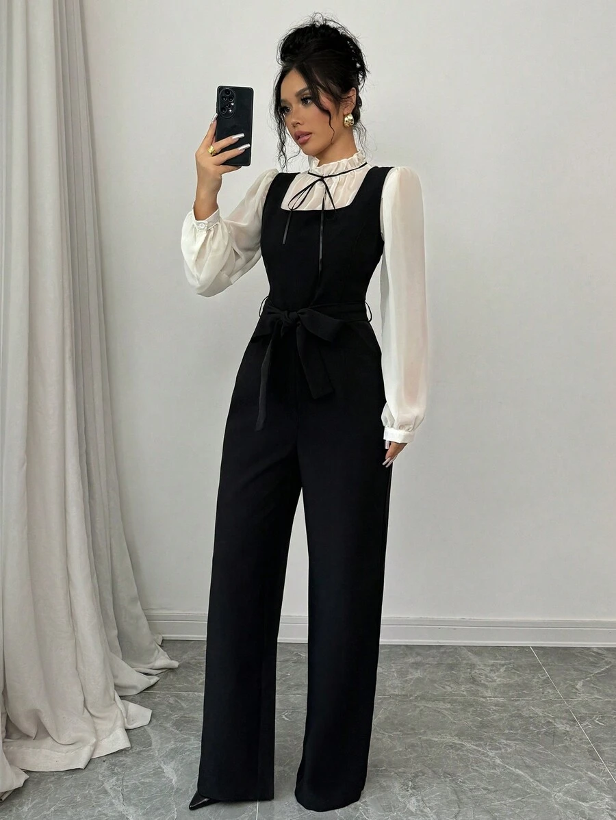 SHEIN PETITE Bộ đồ liền thân ống đứng cạp cao màu tương phản thanh lịch dành cho nữ kèm áo sơ mi 2 món - màu đen - Xem 1