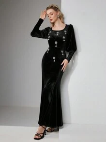 Modelyn 女士优雅长袖连衣裙，方领，水晶装饰长款晚礼服 - 黑色 - 查看 3