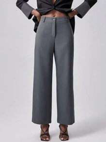 SHEIN Unity 女士休闲办公室阔腿纯色裤 - 深灰色 - 查看 5