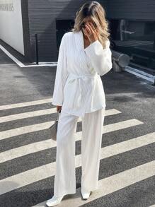 SHEIN Essnce 女士条纹裹身优雅休闲和服套装，白色办公室时尚通勤两件套秋冬 - 白色 - 查看 4