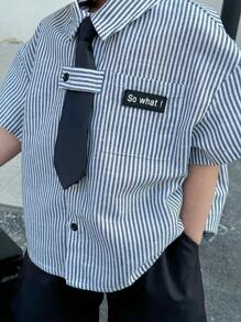 SHEIN 2pcs Gift Set Includes Shirt & Tie, Baby Boy Cute Striped Short Sleeve Shirt With Tie, Versatile Summer