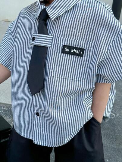 SHEIN Kids Young Boy White Summer Family Matching Back-To-School Japanese Academy Stripe Short Sleeve Loose Shirt With Tie,2 Pcs Set For School And Vacation