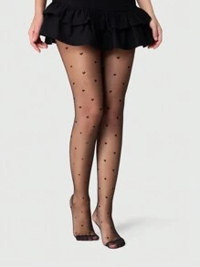 ROMWE Kawaii 1 Pair Women All Season Black Heart Pattern Tights - Black - View 2