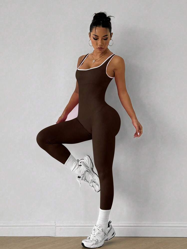 Dewbera Mono ajustado de yoga con abertura en la espalda y diseño de rayas para mujer - Marrón - Ver 5