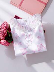 Tween Girls Minimalist White Base Pink Bow Floral Print Long Sleeve Long Nightgown Loungewear - Multicolor - View 7