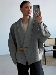 Aloruh 女士纯色长袖披肩领简约夹克，休闲日常穿着 - 灰色 - 查看 1