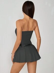 SHEIN PETITE Solid Tube Pleated Hem Belted Tube Short Summer Dress - Dark Grey - View 2