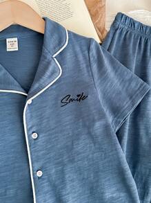 2pcs/Set Kids Boys Casual Simplistic Letter Embroidery Polo Collar Short Sleeve Top And Loose Pants Sleepwear Set - Blue - View 4