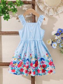 Young Girls Sweet Floral Print Stripe Sleeveless Dress, Young Girl Garden Style Vacation Princess Long Dress, Suitable For Daily Wear Or Outdoor Play, Young Girl Formal Dress - Blue - View 3