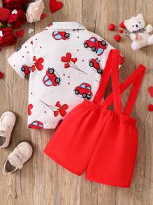 SHEIN 2 件装男婴情人节汽车图案绅士蝴蝶结 Polo 衫和背带短裤套装，适合夏季，适合情人节派对、户外活动、舒适居家休闲、运动郊游、度假和旅行、情人节服装、情人节服装、儿童服装、幼儿服装、婴儿服装，6M-3T - 紅色 - 查看 3