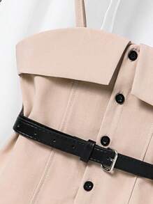 SHEIN Young Girls Casual Commuting Grey Suspender Shirt With Dark Grey Pleated Skirt And Black Belt, 2 Pieces Outfit - Khaki - View 5