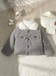 SHEIN Vintaside Kids 男婴休闲简约厚绒衬里长袖夹克，冬季 - 灰色 - 查看 5