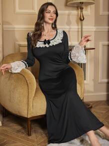 Women Contrast Lace Nightgown, Minimalist And Fashionable For Casual Daily Wear, Fall, Winter