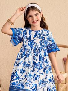 Holiday,Summer,Travel  Tween Girl Blue Floral Pattern Retro Print A-Line Ramadan Ramadan Eid Abaya Dress, With Fresh And Lively Design - Blue - View 5