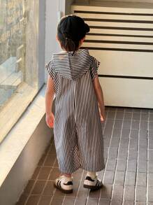 SHEIN Combinaison à capuche rayée noire et blanche style coréen décontracté d'été pour bébé garçon nouveau-né. Combinaison rayée pour enfants - Multicolore - Voir 2