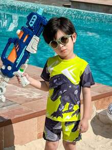SHEIN 3 Piece Young Boys Boys Casual Sports Swimsuit With Dinosaur Pattern Kids Outfits Young Boy Clothes Back To School Boys Set Suitable For Outdoor Swimming Suitable For Daily Use Suitable For School Suitable For Travel Suitable For Sports Suitable For Spring, Summer, Autumn And Winter Seasons