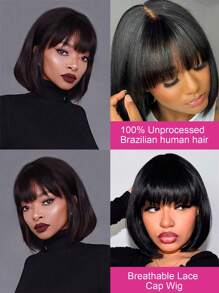 Straight Natural Scalp Raw Human Hair HD Lace Bob With Bang 150% Density Glueless HD 2x1 Lace Bob With Bang Glueless Wigs - SNatural - View 5