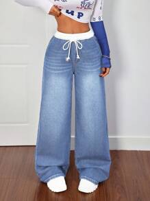 SHEIN PETITE Quần jeans ống rộng thường ngày cho nữ có cạp đôi, quần jeans cho mẹ, quần jeans denim, quần jeans ống rộng cạp trễ, thời tiết lạnh, quần mùa đông cho nữ, lễ Tạ ơn, quần jeans ống rộng nhỏ nhắn - Rửa nhẹ - Xem 6