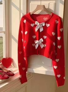 Comfortcana Women's Heart Pattern Bow Decor Thin Cardigan - Red - View 1