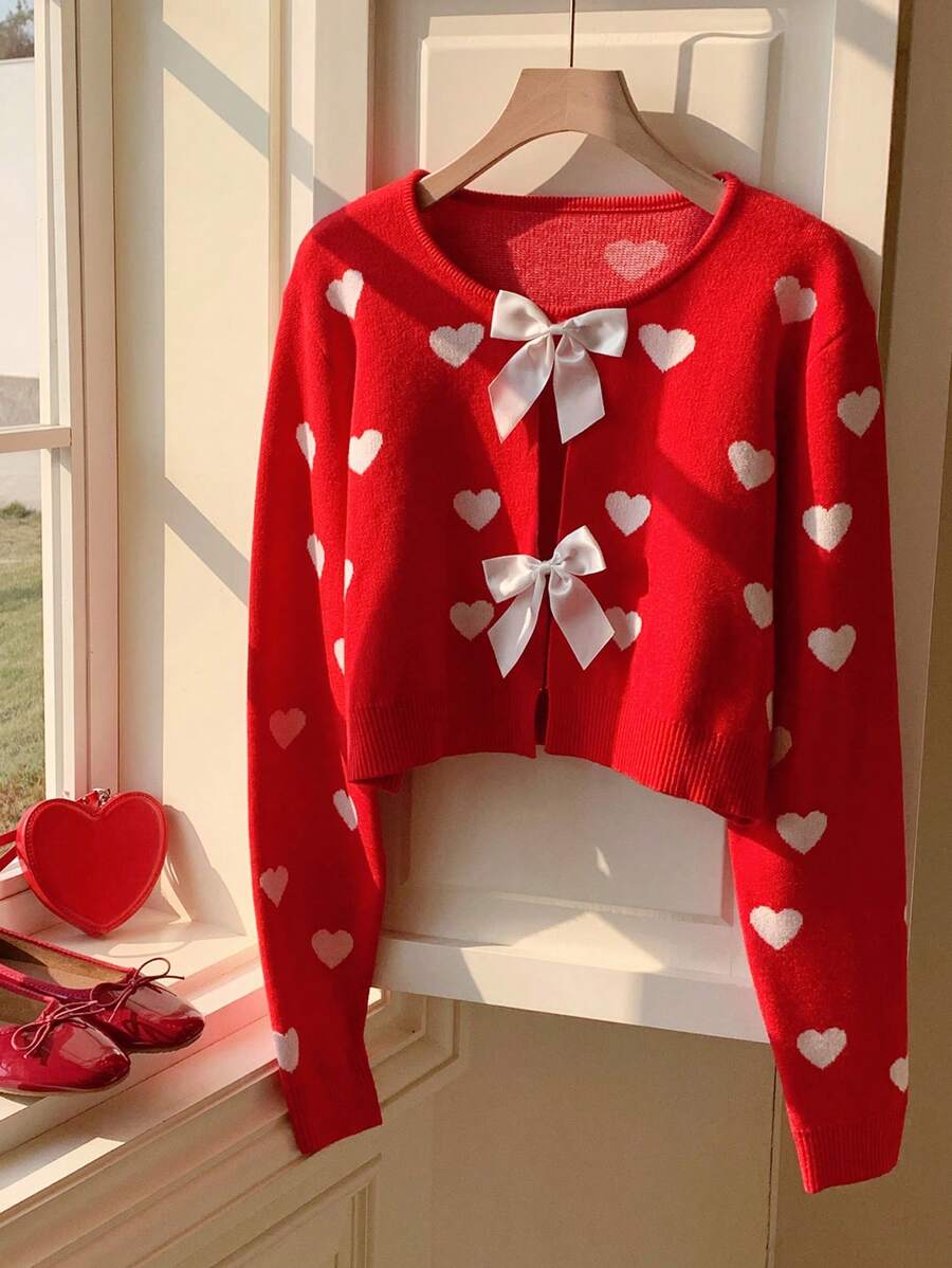 Comfortcana Women's Heart Pattern Bow Decor Thin Cardigan - Red - View 1