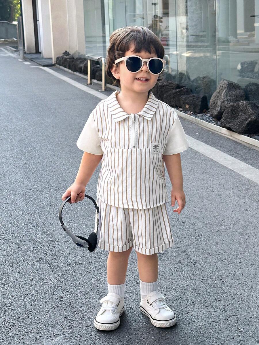 SHEIN 男婴/女婴彩色条纹双面领二合一短袖上衣和松紧腰短裤两件套，夏季休闲时尚，适合街头服饰、家居， - 彩色 - 查看 1