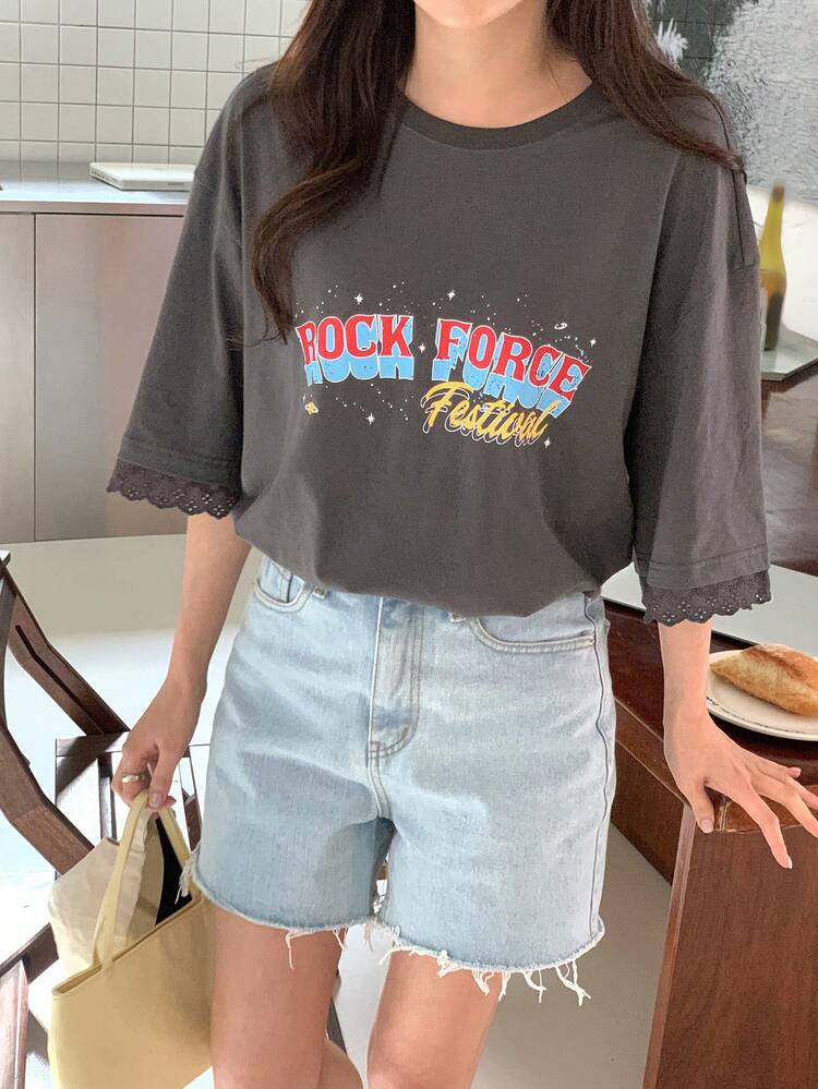 Women's Round Neck Printed Lace Patchwork Short Sleeve T-Shirt Graphic Tee