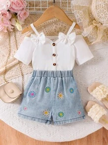 Baby Girl Summer New Fashion Off Shoulder Solid Ribbed Top + Embroidered Floral Denim Shorts Set - White - View 8