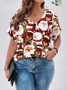 SHEIN Essnce 大码女式圣诞休闲简约圣诞老人和雪人图案宽松 V 领短袖 T 恤，圣诞节假期上衣 - 彩色 - 查看 5