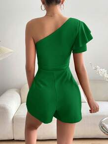 SHEIN Privé Women's Solid Color Open Shoulder Casual Everyday Romper - Green - View 2