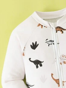 SHEIN Young Boy Cartoon Dinosaur Print Raglan Sleeve One-Piece Swimsuit With Shorts Summer Holiday