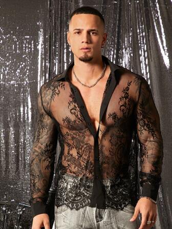 FeverCity Sexig lös långärmad skjorta i spets för män, lämplig för sommaren