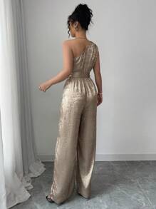 Elenzga Strapless Ruched Tie-Knot Metallic Feel Jumpsuit - Gold - View 2