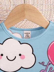 SHEIN Baby Girl Cute Cartoon Print Short Sleeve Mid-Length Casual Nightgown, Summer - Blue - View 3