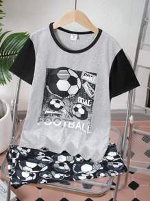 SHEIN 2pcs/Set Tween Boys Top With Floral Grey & Black Patchwork Short Sleeve, Front Prints & Bottoms Football Shorts Pajama Set,Summer,Travel - Multicolor - View 7