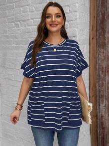 SHEIN LUNE Plus Blue & White Striped Short Sleeve Loose Fit Summer T-Shirt