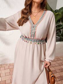 SHEIN LUNE Plus Size Long Sleeve Casual Retro Printed Waist Tassel Dress Sundress Linen Fabric - Beige - View 3