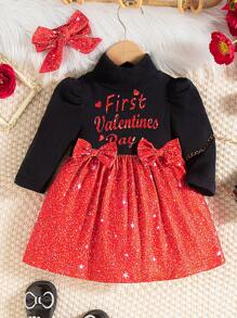 SHEIN Baby Girl Cute Fireworks Letter Graphic Turtleneck Bubble Sleeve Dress With Bow Decor & Headband, Suitable For Outdoor, Valentine's Day Outfit - Red - View 1