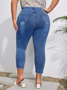 EMERY ROSE Pantalones vaqueros casuales de talla grande para mujer, con bolsillos, ceñidos y rotos, tipo pierna recortada - Azul lavado medio - Ver 2