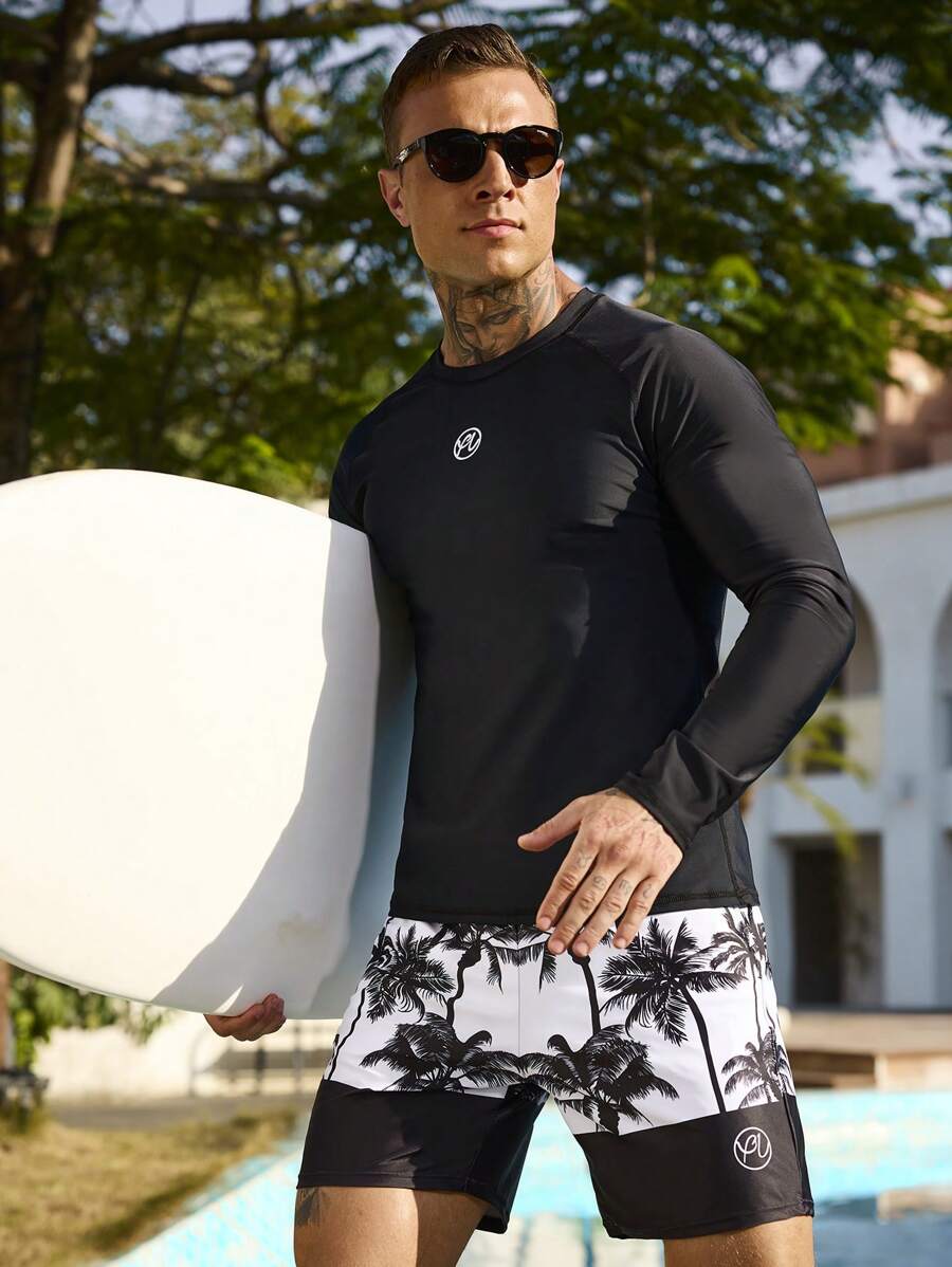 Manfinity Swimmode 2pcs/Set Men's Letter Print Long Sleeve Top And Palm Tree Swim Shorts Men Swim Trunks,Hawaiian