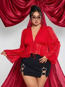 SHEIN ICON 大码酒红色 V 领蝴蝶结娃娃衫，情人节款 - 酒紅色 - 查看 6