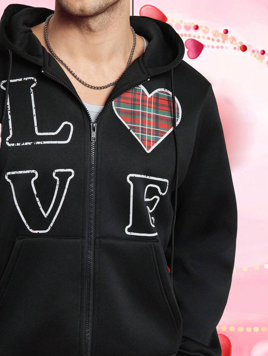 Manfinity VCAY Herren Oversize Grafik-Muster Loose Dropped Shoulder Langarm Lässig Sweatshirt Hoodie für Valentinstag, geeignet für Herbst, Winter, Frühling - Schwarz - Übersicht 1