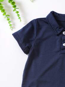 2pcs/Set Young Boys Loose Fit Polo Collar Short Sleeve T-Shirt With Horse Print, Matched With Black Casual Sports Shorts, Suitable For Spring And Summer Casual Wear, Travel And School