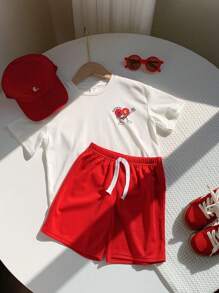 SHEIN 2pcs/Set Young Boys & Girls Casual Korean Style Cute Comfortable Fashion Simple Practical Soft Round Neck T-Shirt And Shorts Set, Suitable For Daily Wear, School, Outings, Sports, Spring/Summer, Valentine's Day - Red - View 7