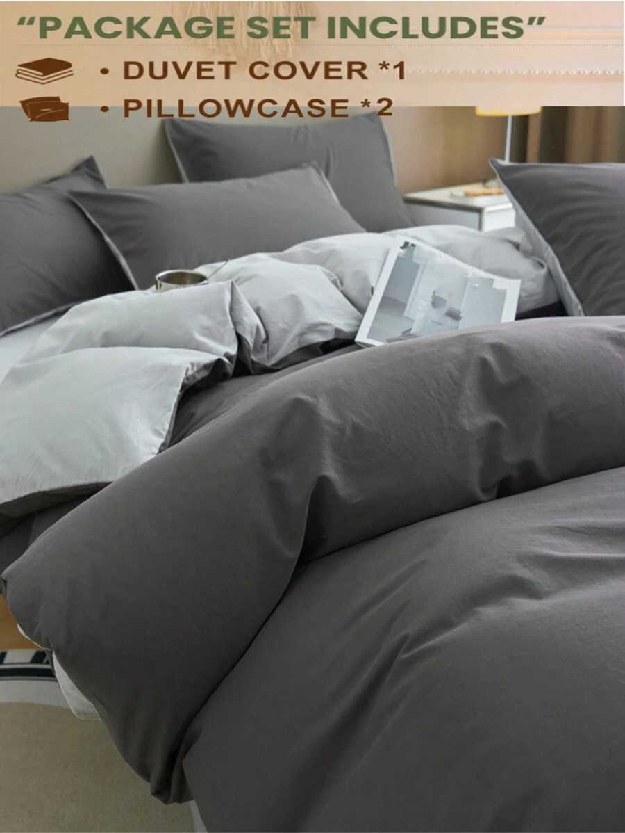 3pcs Bedding Set - 1 Duvet Cover, 2 Pillow Shams, Dark Gray & Light Gray Ultrasoft Reversible, Machine Washable - Dark Grey - View 1