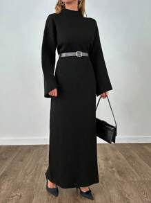 EURMUSE Sparkling Black Ribbed Knit Midi Dress – Sleek And Elegant Evening Style - Black - View 4