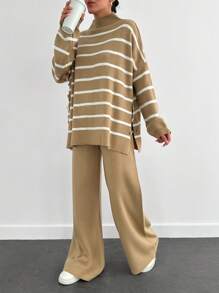 SHEIN Cottnline مجموعة نسائية مكونة من 2 قطعة: كنزة صوفية مخططة طويلة الأكمام بأكتاف منسدلة وبنطلون محبوك طويل - كاكي - مشاهدة 5