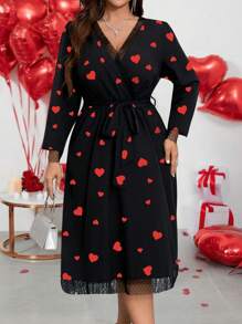 SHEIN Clasi Váy thắt eo họa tiết hoa cổ chữ V cỡ lớn cho nữ, ngày lễ tình nhân - Nhiều màu - Xem 3